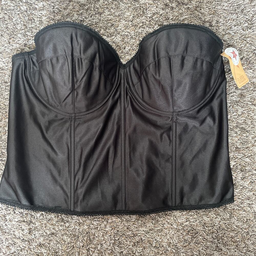 Vintage Corset Bustier Plus Size 46DD Black Satin Lace Trim Lingerie Boudoir Bra
